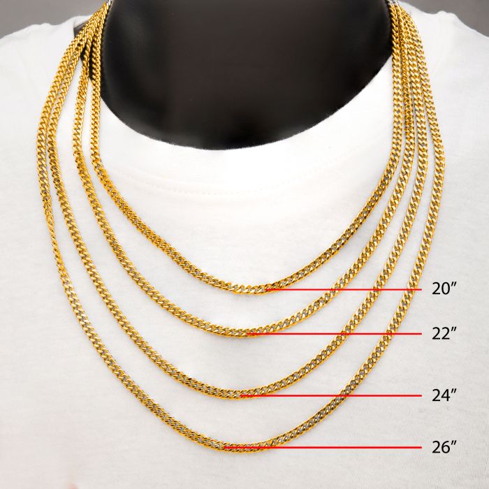 A close-up image of a necklace display mannequin showcases the 6mm 18K Gold Plated Diamond Cut Curb Chains by INOX in four different lengths: 20", 22", 24", and 26". Each chain is labeled with its respective length in red text. The gold-plated chains stand out against the mannequin dressed in a white shirt.