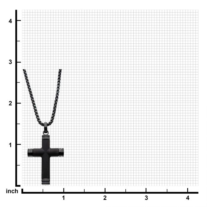 The Black Plated Genuine Ebony Wood Inlaid Cross Pendant with Black Bold Box Chain from INOX is placed on a 4x4 inch piece of graph paper. The cross, featuring an ebony wood inlay and extending slightly above the intersection point, hangs around the 1-inch mark horizontally and between 1 to 2 inches vertically on the graph paper.
