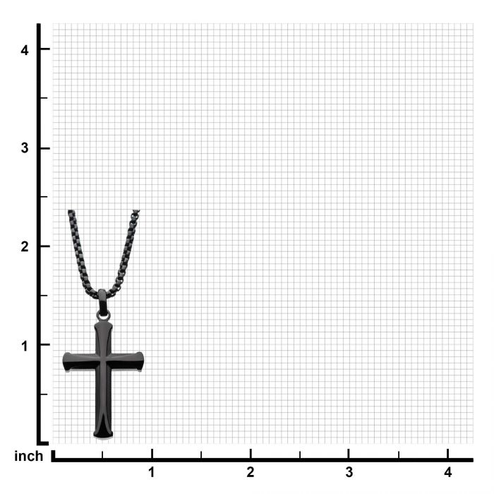 The Stainless Steel Black Plated Apostle Cross Pendant with Chain by INOX is featured on a white, grid-patterned background, marked with inches along both the x and y-axes. The grid spans from 0 to 4 inches vertically and horizontally, showcasing the pendant at an approximate length of 2 inches.