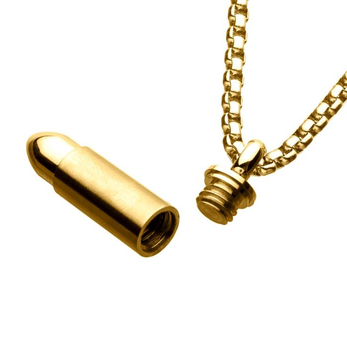 A Stainless Steel Gold Plated Stash Bullet Pendant by INOX, featuring a screw-off cap, is affixed to a Men's 22" Stainless Steel wheat chain necklace. When the cap is unscrewed, it reveals the inside of the bullet-shaped pendant. The image showcases the product against a white background.