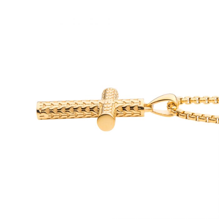 The Polished 18K Gold IP Scale Cross Drop Pendant with Bold Box Chain from INOX showcases intricate detailing on both the vertical and horizontal bars. The men's pendant is suspended from a bold box chain by a small loop, all set against a plain white background.