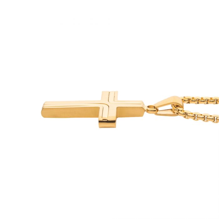 The INOX men's cross pendant necklace in 18K yellow gold, known as the "Cross Pendant with 2mm Round Box Chain | 22"" by INOX, showcases a smooth, polished surface with a slightly raised design. The gold chain features small, evenly spaced links and is elegantly displayed against a plain white background.