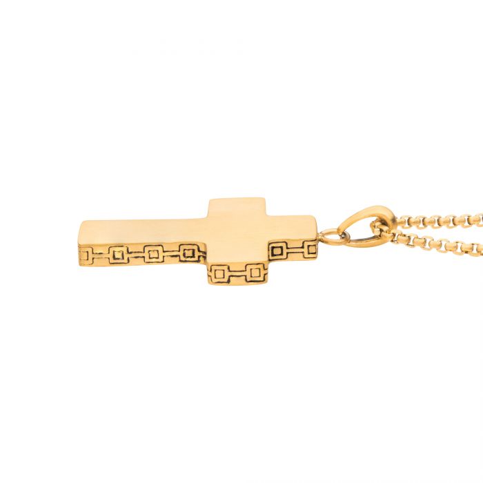 A men's engravable cross pendant from INOX, crafted in 18K Gold IP, showcases sleek and modern design with intricate square patterns along its edges. The polished finish gives it a shiny appearance, offering a timeless and sophisticated look that hangs from a matching gold chain. This stunning piece is known as the Engravable Cross Necklace by INOX.