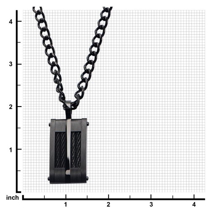 The INOX Stainless Steel Black Plated & Black Cable Inlayed Dog Tag Pendant, featuring a cylindrical metal design with two black cable inlays, is displayed on a grid background with inch measurements along the horizontal and vertical axes. The 24-inch linked chain appears to be made of the same stainless steel as the pendant.