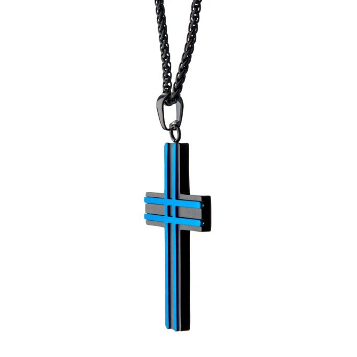 The Matte Black & Blue Plated Layer Cross Pendant with Chain by INOX showcases a sleek black finish with striking blue stripes running vertically and horizontally along the edges, creating a modern and stylish design. This men's stainless steel cross pendant is paired with a black round wheat chain necklace.