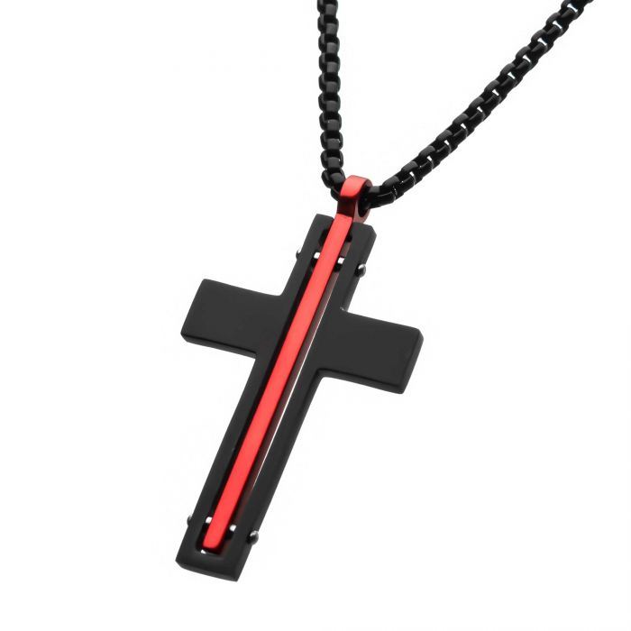 The INOX Men's Dante pendant in black and red matte features a thin red line cross down the center, hanging elegantly from a round box chain.