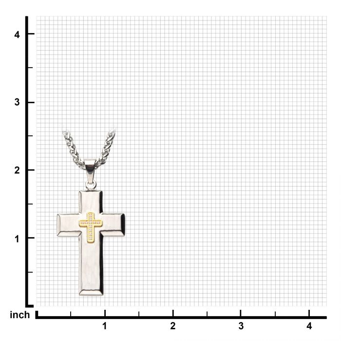 The INOX Gold Plated Cross with Wheat Chain features a striking silver cross pendant accented by a smaller, gold-plated cross at its center. The pendant, showcased on a centimeter grid background with axes labeled in inches, measures approximately 1.5 inches tall and 1 inch wide. It hangs from an elegant 24-inch wheat chain.
