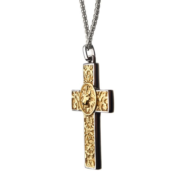 The INOX Stainless Steel Gold Plated Nymeria Lion Cross Pendant boasts intricate scrollwork and a central lion's head design, all set on a 24-inch steel wheat chain. This detailed and modern men's stainless steel pendant is perfect for discerning individuals seeking an elegant accessory.