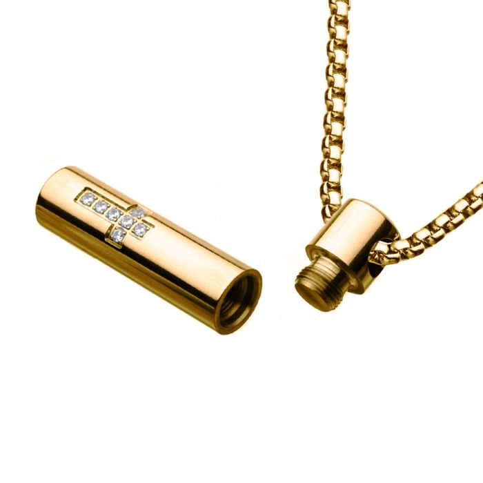 The INOX Stainless Steel Gold Plated Stash with Cross Clear CZ Pendant features a 22-inch gold chain with a box-link design. This men's cylindrical pendant, which can be partially unscrewed, is adorned with a diamond-encrusted cross.
