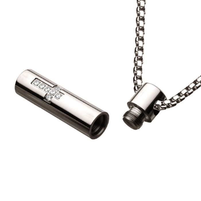 The Stainless Steel Memorial Cross Pendant with Clear CZ & Steel Box Chain by INOX features a silver cylindrical design adorned with small, clear crystals arranged in a cross pattern, attached to a 22-inch box chain. The men's stainless steel memorial piece can be partially unscrewed to reveal its threaded end.