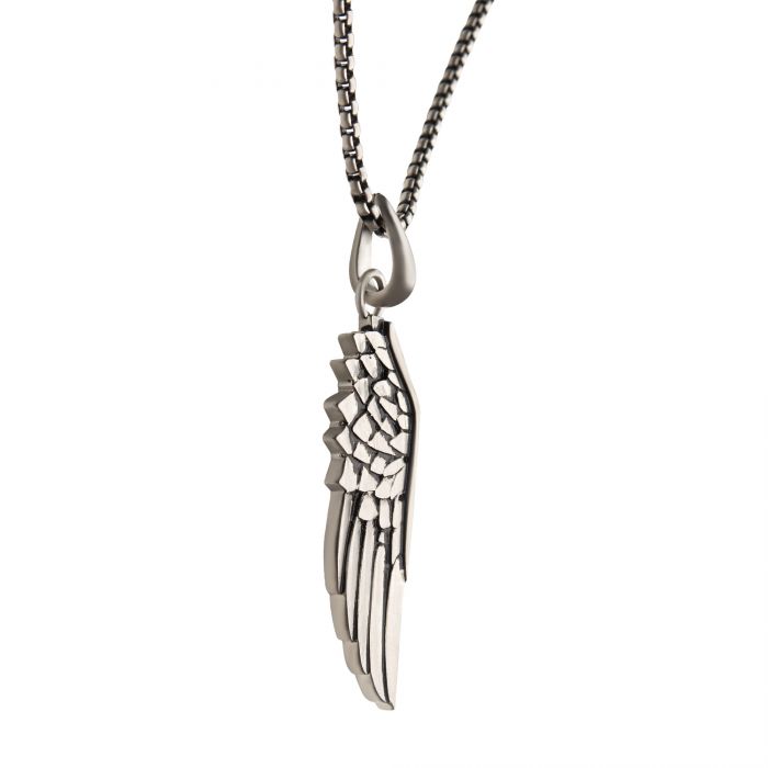 The INOX Steel Wing Pendant with Black Oxidized Steel Box Chain features a 24-inch men's silver wing-shaped pendant adorned with intricately layered feathers, capturing the grace of a bird's wing. It is suspended from a sturdy and interlinked black oxidized steel box chain.