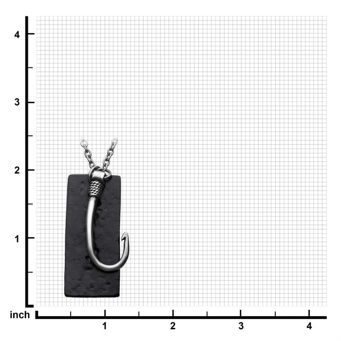 The Stainless Steel Antiqued Finish Fish Hook and Black Plated Tag Pendant with chain by INOX features a rectangular, black plated tag with a textured surface and a sleek, silver fish hook attached. The pendant is displayed against a grid backdrop marked in inches along the x and y axes to indicate its size.