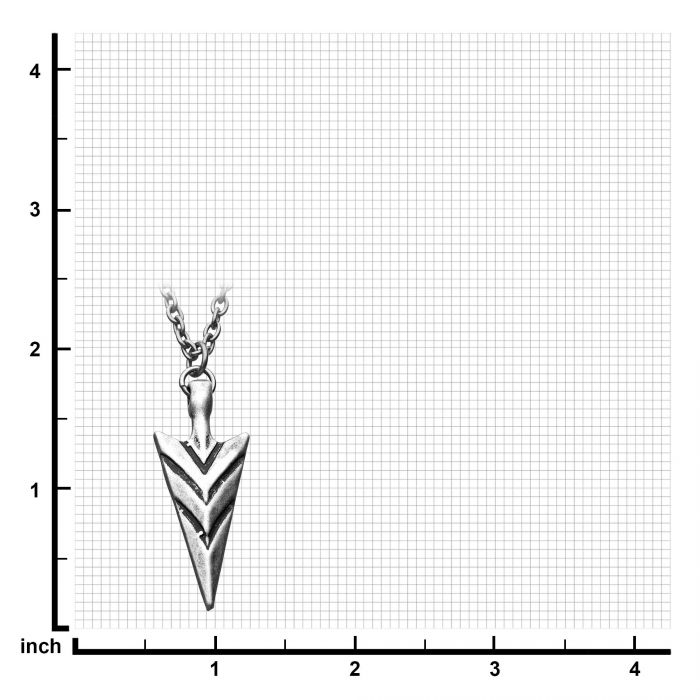 Displayed on a grid with measurements in inches, the Stainless Steel and Antiqued Finish Arrowhead Pendant with Chain by INOX is a sleek men's accessory featuring black accents. The grid background indicates that the pendant is approximately 2 inches long.