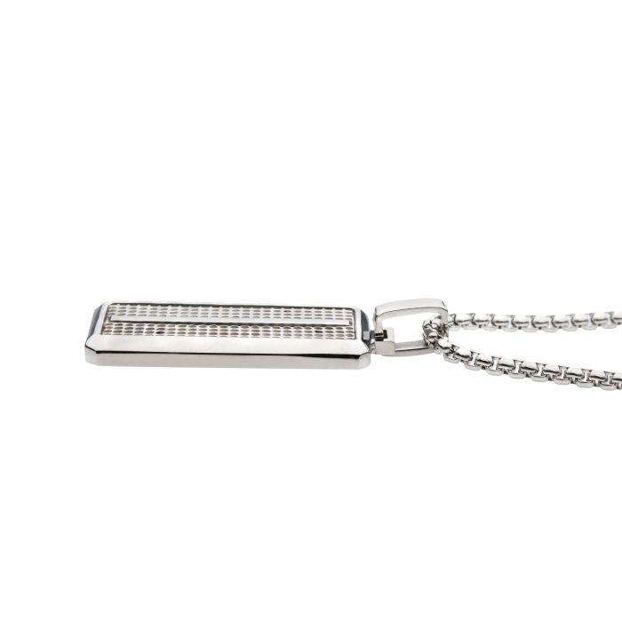 The INOX Steel Streamline Dog Tag Pendant features a rectangular, silver-colored men's stainless steel pendant with intricate grid-like detailing, hanging from a bold box chain. This sleek and modern dog tag pendant boasts a shiny, polished finish. The product image highlights the pendant and part of the chain against a plain white background.