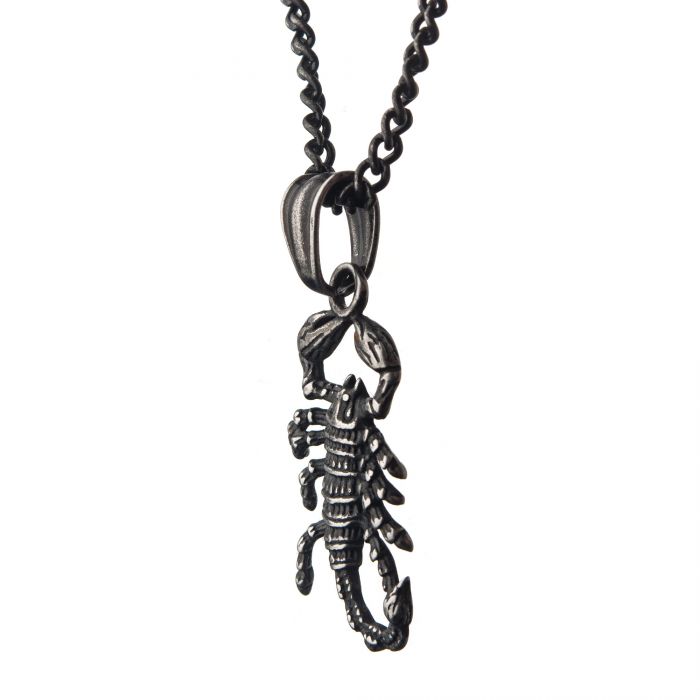 Introducing the Men's Stainless Steel Antique Gunmetal Scorpion Pendant by INOX, a 22" black metal necklace chain featuring a meticulously detailed scorpion pendant. Crafted from men's stainless steel, this pendant showcases intricate lines and textures that beautifully depict the legs, pincers, and stinger-tipped curved tail. Paired with an antique gunmetal box chain for a dark, polished look.