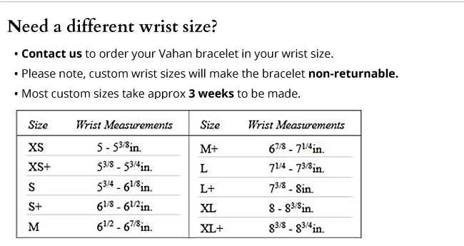 Text instructions for custom wrist sizes of Alwand Vahan Jewelry’s Vahan Diamond Sweets Bracelet (3mm). Lists size options: XS (5 - 5¾ in.), XS+ (5¼ - 5¾ in.), S (5¾ - 6⅛ in.), S+ (6⅛ - 6½ in.), M (6½ - 7 in.), L (7¼ - 7½ in.), L+.