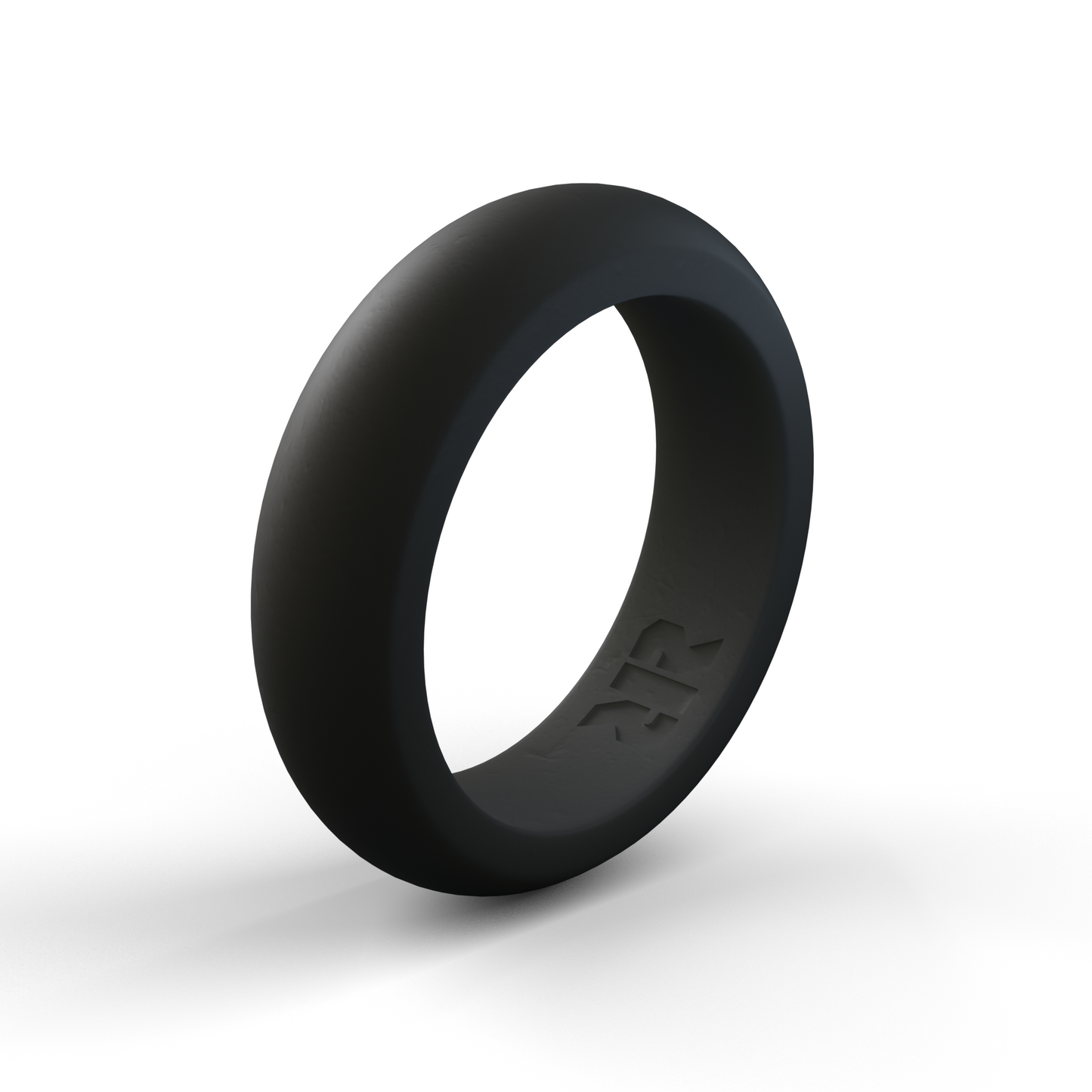 A sleek Women's Black Silicone Wedding Ring by Baxley Jewelry is displayed on a white background. Crafted from medical-grade silicone, this ring features a matte finish and an embossed logo on the inner surface. The lighting accentuates the ring's smooth texture and minimalist design, making it ideal for active lifestyles.