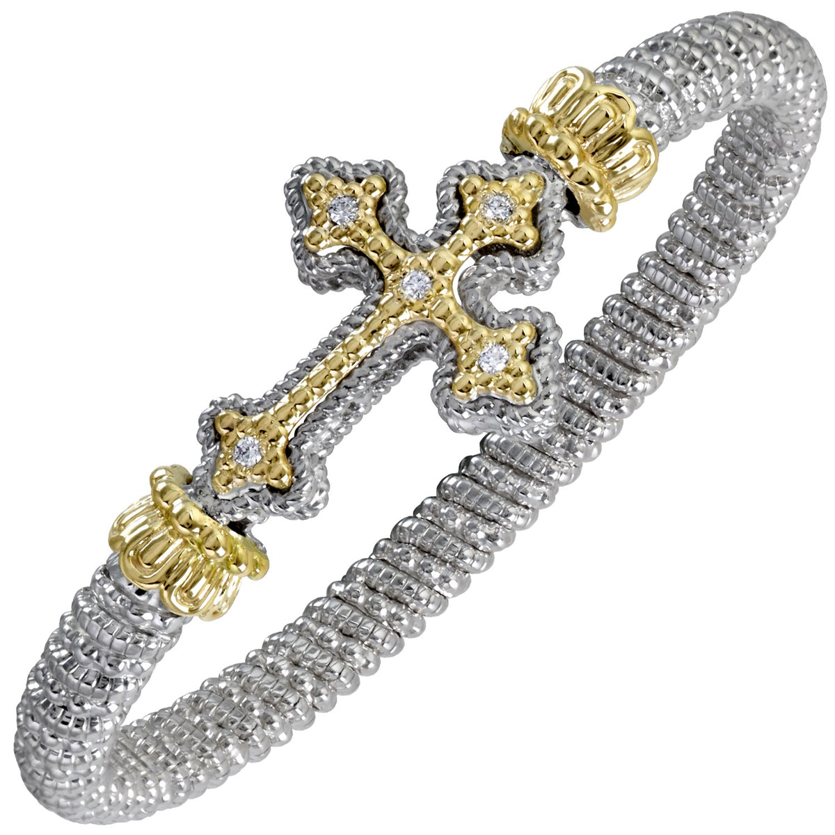 A silver bracelet with a textured design, featuring a prominent gold cross adorned with small gemstones. The cross is flanked by two decorative gold elements.