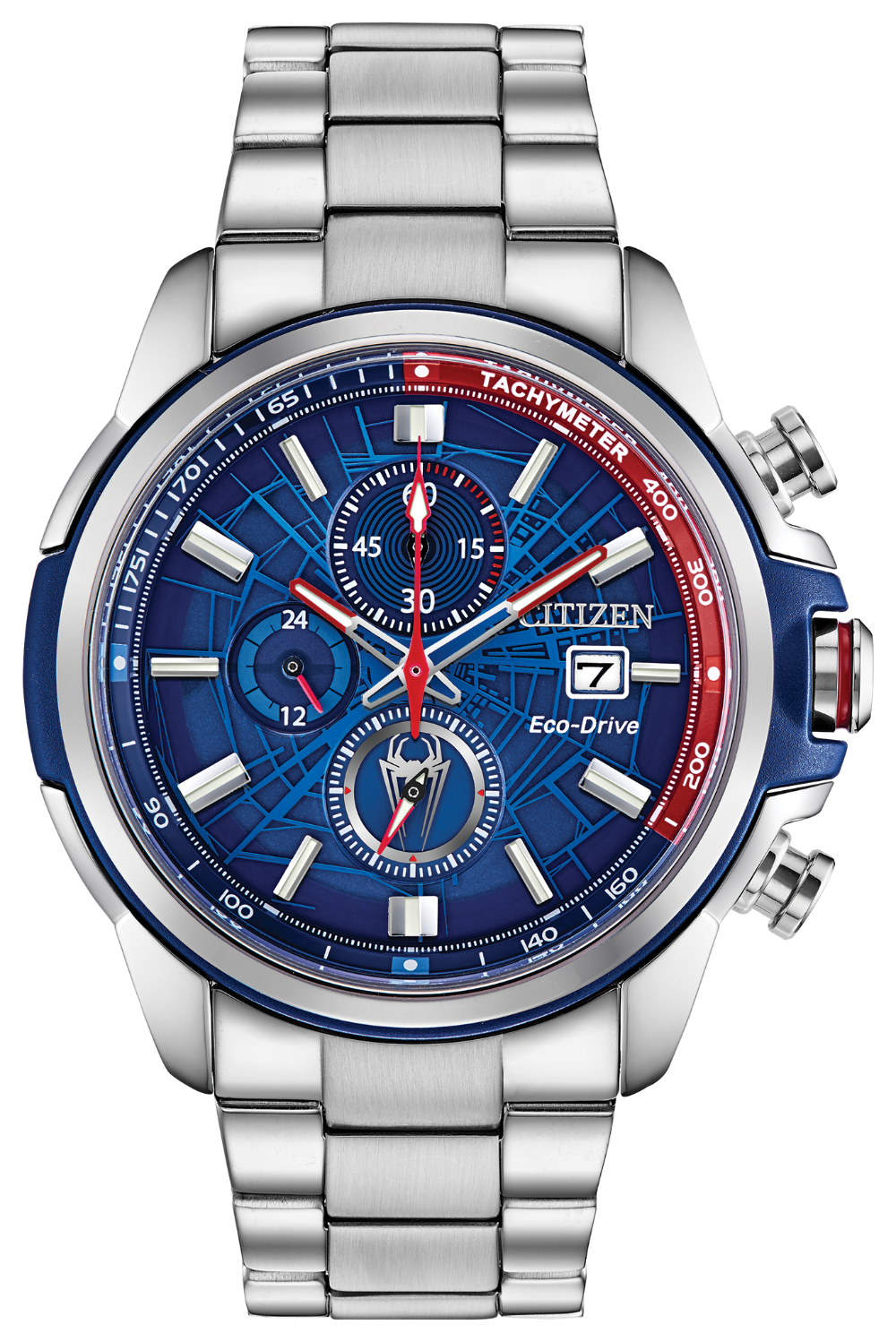 Silver Citizen Eco-Drive chronograph watch with a blue dial, red and white accents, three subdials, date window, and a stainless steel bracelet. The bezel features tachymeter markings.