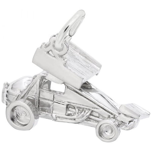 The Sprint Car with Wings Charm by Rembrandt Charms is crafted from sterling silver and features intricate details, including visible wheels, a streamlined body, and an opening for attaching to a bracelet or necklace.