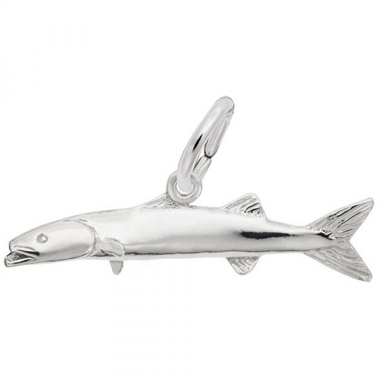 The image shows the Sterling Silver Barracuda Charm from Rembrandt Charms. The charm is crafted in sterling silver and features a detailed design of a barracuda. It measures 1.33 inches by 0.22 inches (33.79 mm x 5.65 mm) and has the style number 2438. This charm is a perfect keepsake for marine life enthusiasts and ocean lovers.
