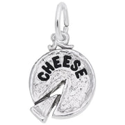 A detailed image of the Sterling Silver Cheese Wheel Charm by Rembrandt Charms. This charm features an intricately detailed cheese wheel design, measuring 0.5 inches by 0.53 inches (12.65 mm by 13.37 mm). The charm has a polished sterling silver finish, perfect for adding a touch of culinary fun to any charm bracelet or necklace. Style number 2352.