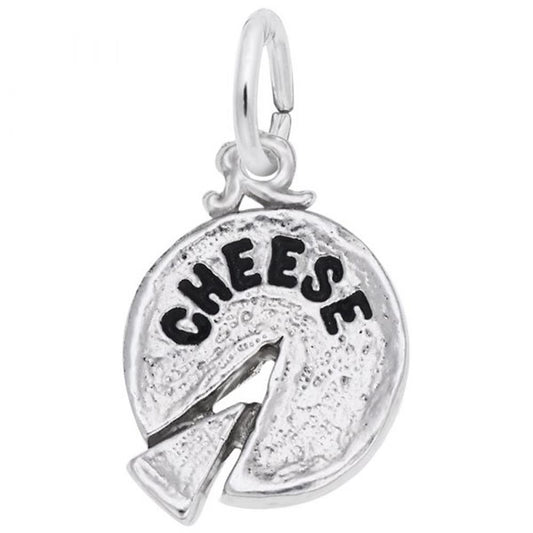 A detailed image of the Sterling Silver Cheese Wheel Charm by Rembrandt Charms. This charm features an intricately detailed cheese wheel design, measuring 0.5 inches by 0.53 inches (12.65 mm by 13.37 mm). The charm has a polished sterling silver finish, perfect for adding a touch of culinary fun to any charm bracelet or necklace. Style number 2352.