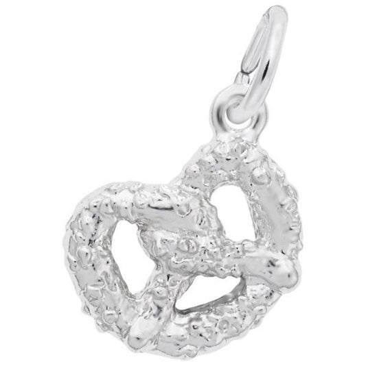 The Rembrandt Charms Pretzel Charm, crafted from sterling silver, features a textured surface to replicate the appearance of salt on a traditional pretzel. An attached loop at the top makes it easy to add to a bracelet or necklace.