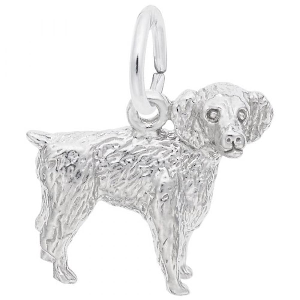 The Boykin Spaniel Dog Charm in Sterling Silver by Rembrandt Charms showcases a detailed representation of a Boykin Spaniel dog standing on all four legs with texturized fur and features a loop at the top for easy attachment to a bracelet or necklace, making it an ideal gift for any dog lover.