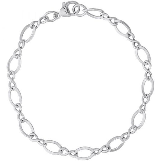 The Charm Bracelet, 8 inches long and crafted from sterling silver by Rembrandt Charms, features elongated oval-shaped links connected in a continuous chain. It is secured with a small lobster clasp engraved with "PANDORA." The design is simple yet elegant, making it perfect for everyday wear or special occasions.