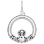 The Rembrandt Charms Claddagh Charm in sterling silver showcases a circle design with two hands clasping a crowned heart at the bottom center. The pendant includes a small loop at the top for easy attachment to a chain.