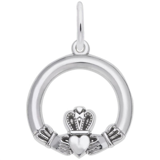 The Rembrandt Charms Claddagh Charm in sterling silver showcases a circle design with two hands clasping a crowned heart at the bottom center. The pendant includes a small loop at the top for easy attachment to a chain.