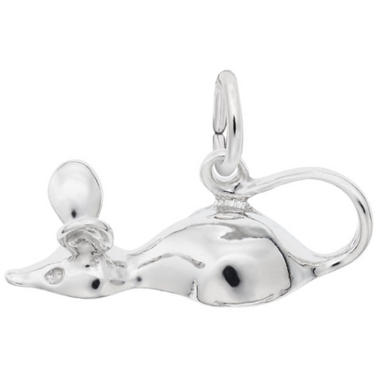 Image showing the Mouse Charm from Rembrandt Charms. The sterling silver charm features a delicately crafted mouse, capturing its playful and curious nature. The dimensions are 0.81 inches by 0.32 inches (20.67 mm x 8.18 mm). This charm adds a touch of whimsy and endearing detail to any collection. Style number 1498.