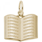 The Open Book Charm by Rembrandt Charms is a gold-plated sterling silver pendant intricately shaped like an open book, with detailed engravings representing pages. This exquisite piece of jewelry features a small loop at the top, making it perfect for attaching to a chain or bracelet.