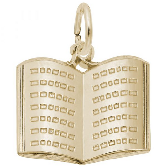 The Open Book Charm by Rembrandt Charms is a gold-plated sterling silver pendant intricately shaped like an open book, with detailed engravings representing pages. This exquisite piece of jewelry features a small loop at the top, making it perfect for attaching to a chain or bracelet.