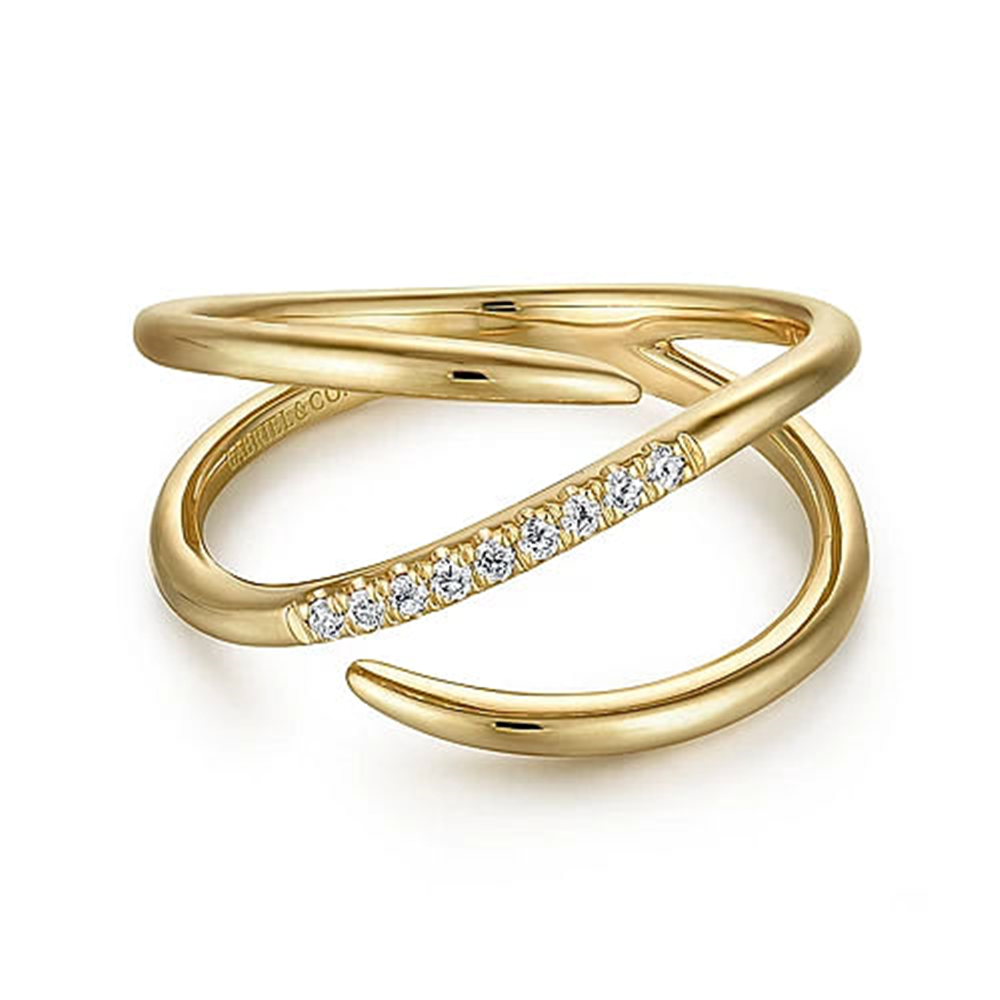 Discover this exquisite 14K Yellow Gold Ring from Gabriel & Co's Kaslique Collection, showcasing a distinctive twist design adorned with a row of dazzling pavé diamonds set along one of the twisted bands. This elegant ring embodies modern sophistication.