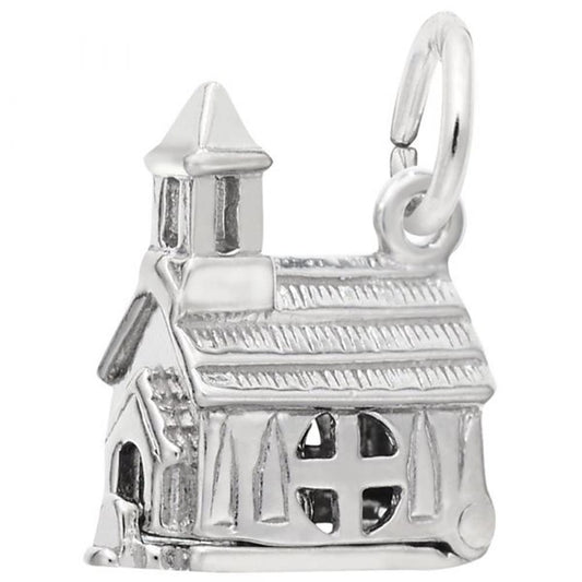 The Church Charm / Sterling Silver by Rembrandt Charms is shaped like a small, detailed church with a steeple, cross-shaped window, and arched doorway. The church charm features intricate design elements and a circular loop at the top for attaching to a bracelet or necklace.