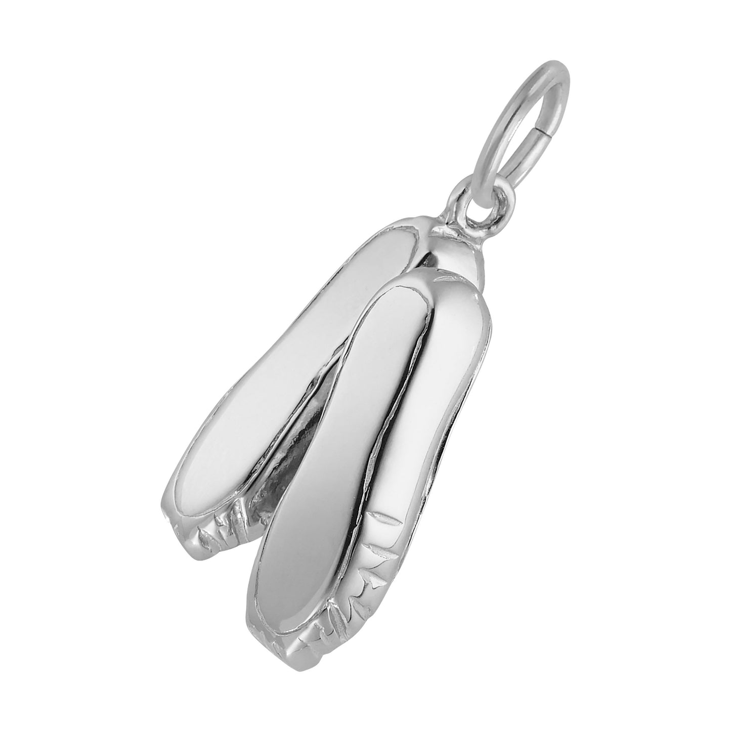 The Ballet Shoes -Sterling Silver charm by Rembrandt Charms features a graceful pair of ballet slippers crafted in silver, complete with a small loop for easy attachment to a necklace or bracelet—an elegant piece of ballet jewelry and a cherished keepsake for any dancer.