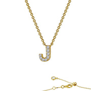The Lafonn Letter J Pendant Necklace in gold showcases a chain with a pendant encrusted with small diamonds. The necklace features an adjustable clasp adorned with decorative beads.