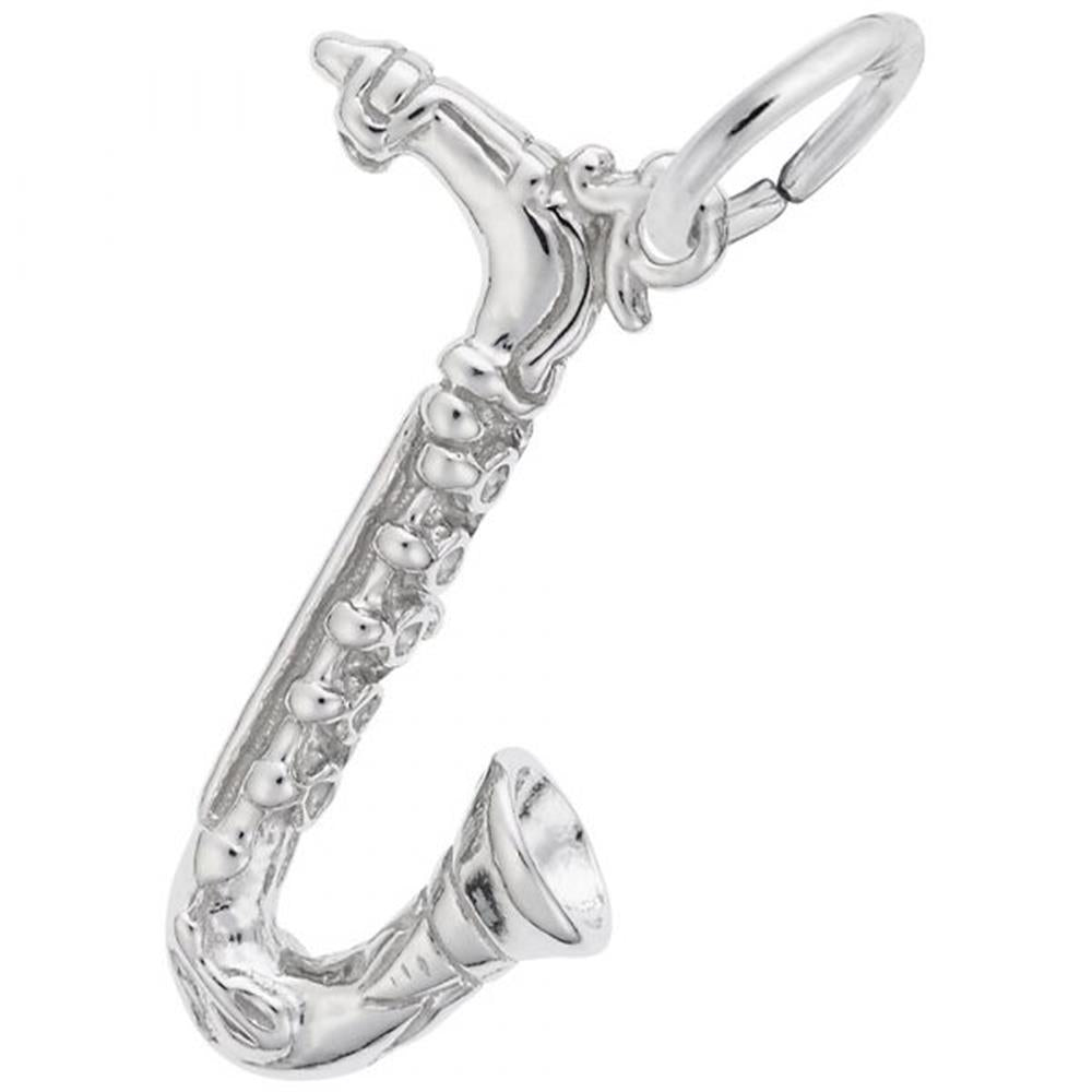 The Rembrandt Charms Saxophone Charm in sterling silver is a small, intricately detailed accessory featuring keys and a mouthpiece. It includes a loop at the top for attaching to a bracelet or chain, and its shiny, polished surface enhances its exquisite craftsmanship.