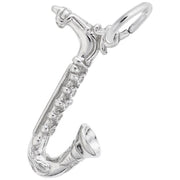 The Rembrandt Charms Saxophone Charm in sterling silver is a small, intricately detailed accessory featuring keys and a mouthpiece. It includes a loop at the top for attaching to a bracelet or chain, and its shiny, polished surface enhances its exquisite craftsmanship.