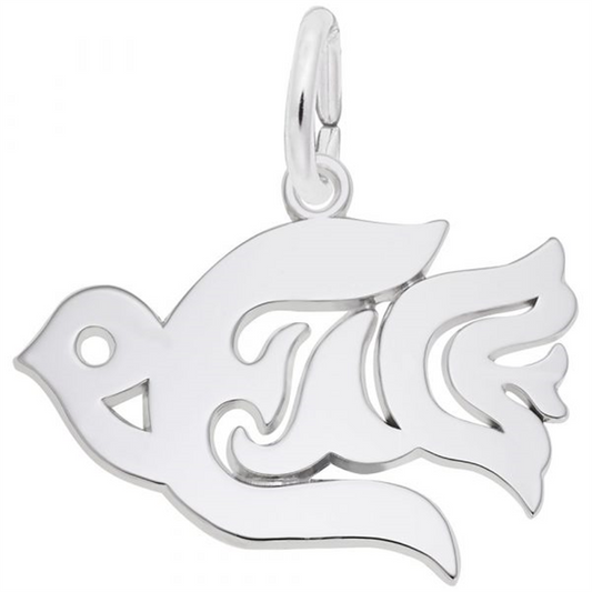 The Rembrandt Charms "PEACE dove - ss" is an elegant silver charm with an abstract, flowing tail to embody peace. It features a small loop for easy attachment to any chain or bracelet.