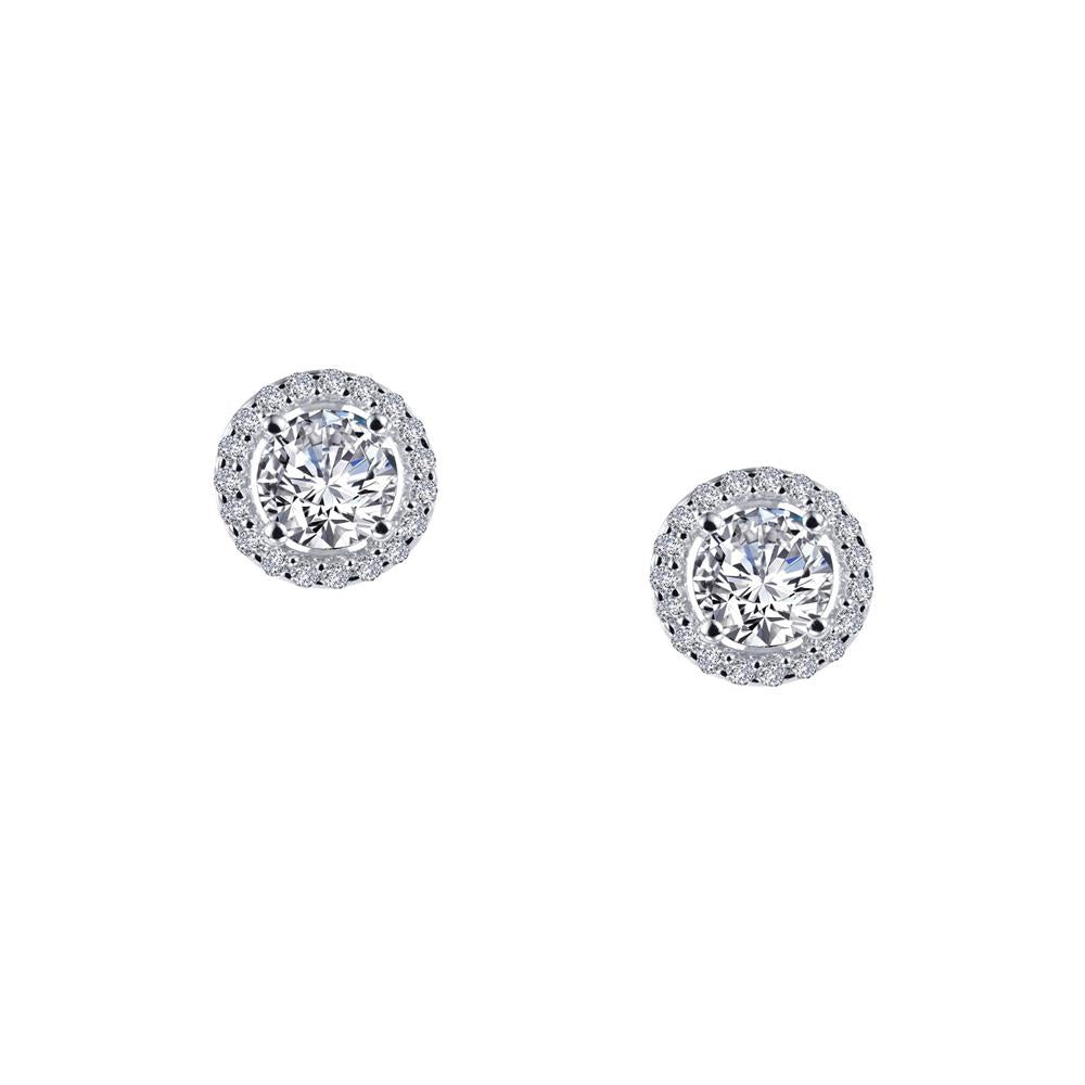 A pair of Lafonn's Round Halo Stud Earrings, each showcasing a central round diamond encircled by a halo of smaller diamonds, exquisitely set in platinum. The earrings are displayed against a plain white background.