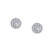 A pair of Lafonn's Round Halo Stud Earrings, each showcasing a central round diamond encircled by a halo of smaller diamonds, exquisitely set in platinum. The earrings are displayed against a plain white background.
