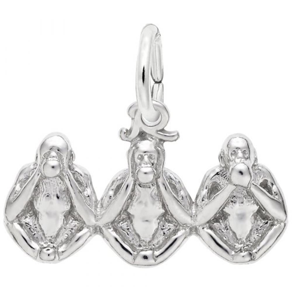 The "Monkeys, Three Charm" by Rembrandt Charms is a sterling silver piece portraying the "Three Wise Monkeys" in a horizontal row, each with a unique gesture: one covers its eyes, another covers its ears, and the last covers its mouth. The charm features a loop at the top for attaching to a chain or bracelet.