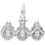 The "Monkeys, Three Charm" by Rembrandt Charms is a sterling silver piece portraying the "Three Wise Monkeys" in a horizontal row, each with a unique gesture: one covers its eyes, another covers its ears, and the last covers its mouth. The charm features a loop at the top for attaching to a chain or bracelet.