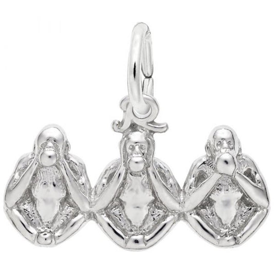 The "Monkeys, Three Charm" by Rembrandt Charms is a sterling silver piece portraying the "Three Wise Monkeys" in a horizontal row, each with a unique gesture: one covers its eyes, another covers its ears, and the last covers its mouth. The charm features a loop at the top for attaching to a chain or bracelet.