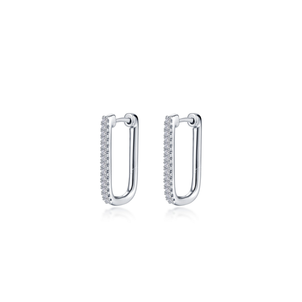 A pair of Lafonn's W rectangle pave hoops featuring a sleek and elegant design with dazzling embedded stones. These elongated, rectangular silver hoops offer a modern and refined appearance.