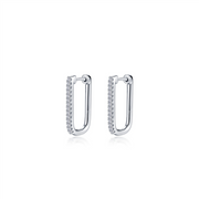 A pair of Lafonn's W rectangle pave hoops featuring a sleek and elegant design with dazzling embedded stones. These elongated, rectangular silver hoops offer a modern and refined appearance.