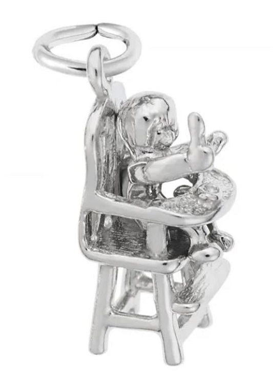 Introducing the Highchair Charm by Rembrandt Charms – a sterling silver keychain featuring a detailed depiction of a small child seated in a highchair. The child irreverently holds up one hand with an extended middle finger. The highchair includes intricate details like a tray and legs, with a charm ring attached at the top for easy key attachment.